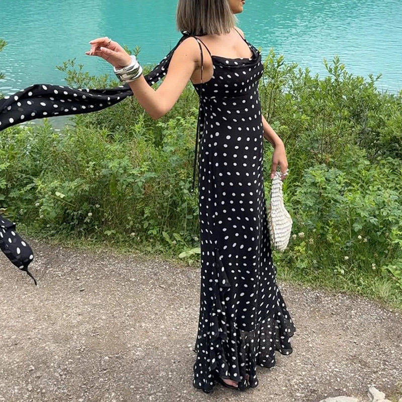 Summer Womens Dress Sleeveless Ruffled Hem Polka Dot Scarf Neck Elegant Casual Wear Wholesale Available