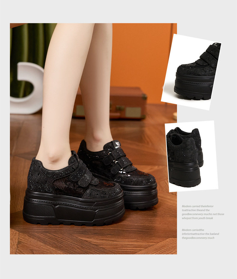 Giày sneaker nữ chunky đế dày trắng platform rhinestone đa năng — Trắng, Bạc, Đen chi tiết 3