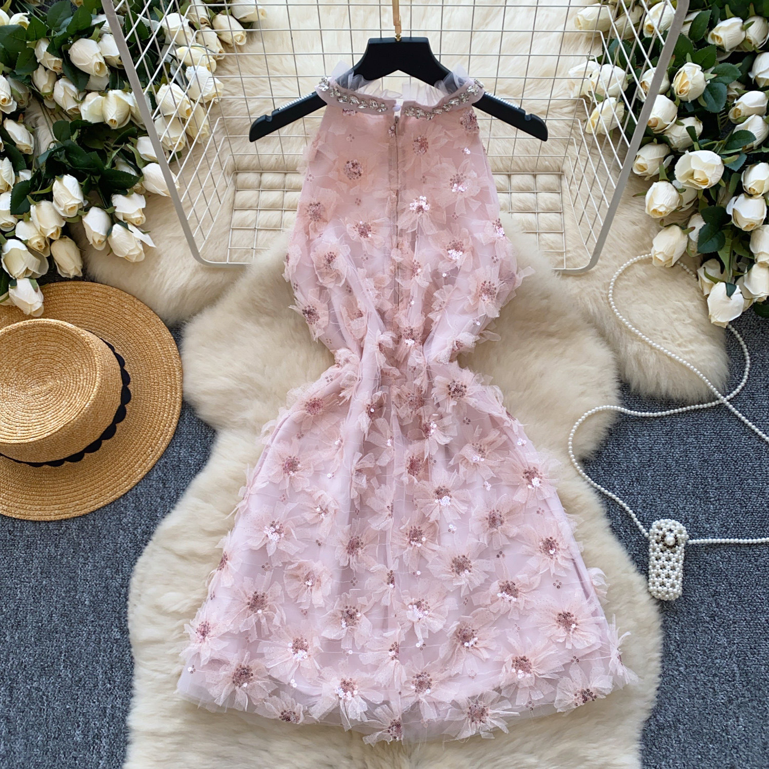 Elegant A Line Dress Sleeveless High Neck Embellished with Sequins and Floral Design Perfect for Parties and Special