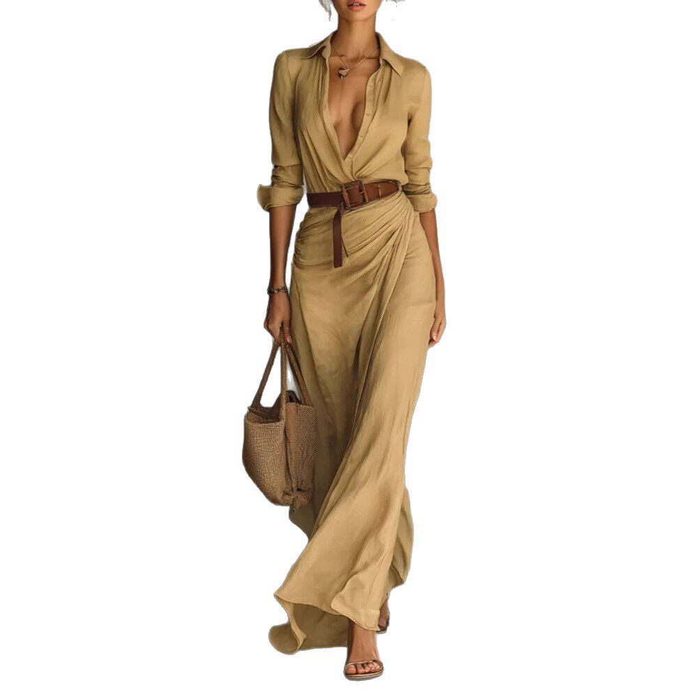Elegant Womens Autumn Dress Solid Color Irregular Pleats Waist Belt Perfect for Casual or Formal Occasions