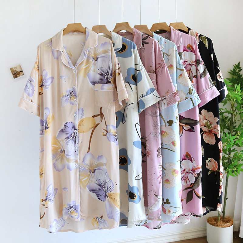 Spring and Summer Women's Sleeve Nightgown Mid-length Pregnant Women dress Artificial Cotton Loose plus size Cardigan Home Clothes Pajamas