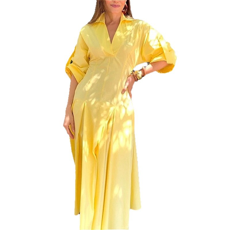 Womens Summer Dress Elegant Solid Color V Neck Pleated Design Perfect for Casual or Formal Occasions Wholesale