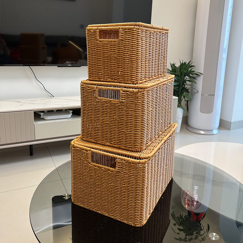 Storage Basket with Lid Rattan-like Woven Storage Box Household Box Organize Clothes Quilt Large Capacity Dormitory Storage Box