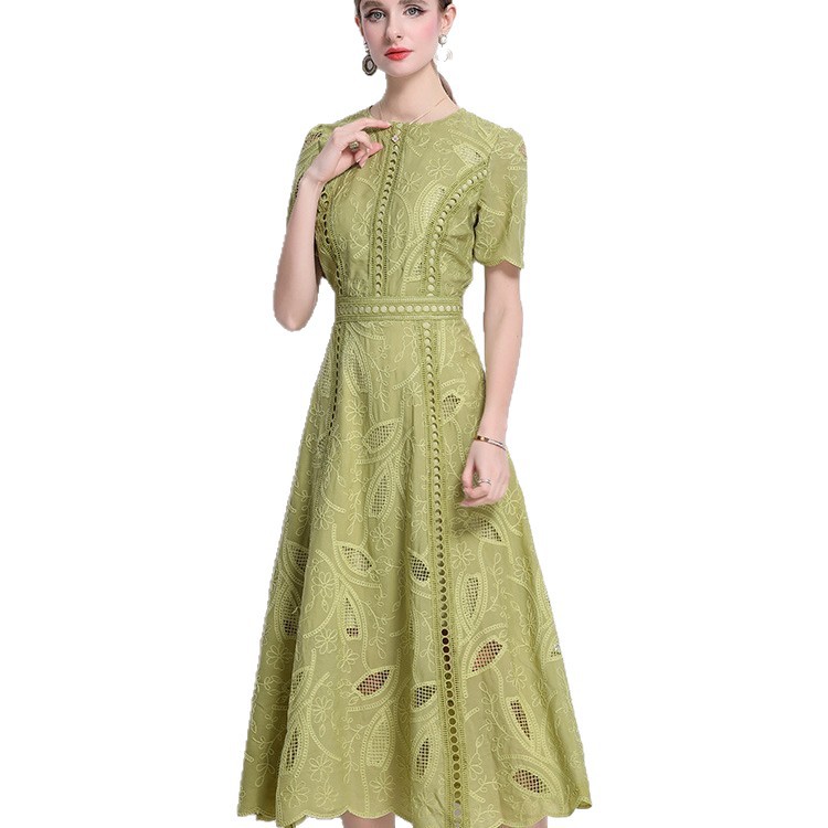 French Style Womens Dress Elegant Hollow Embroidery Waist Defining Slim Fit Summer Long Dress for Special Occasions