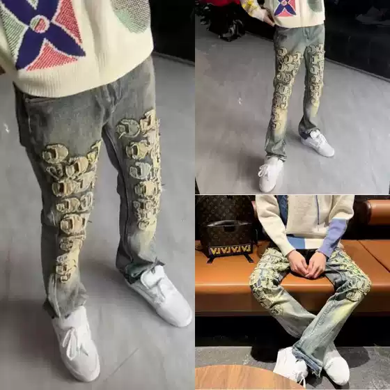 Fashionable Brand New Patch Small Feet Embroidered Straight Pants Casual Men's Jeans Personalized Trendyy Slim Stretch Pants