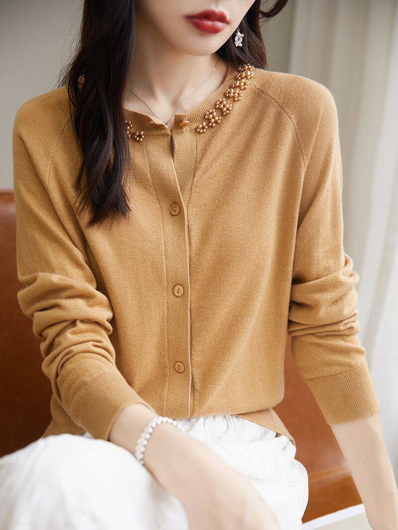 精细美丽诺羊毛针织衫开衫女2023新款时尚长袖毛衣外搭小众空调房