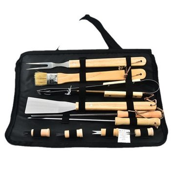 10-Piece Barbecue Tool Set Complete with Storage Bag, Outdoor Portable Wooden Handle Stainless Steel Utensil Combination for Grilling