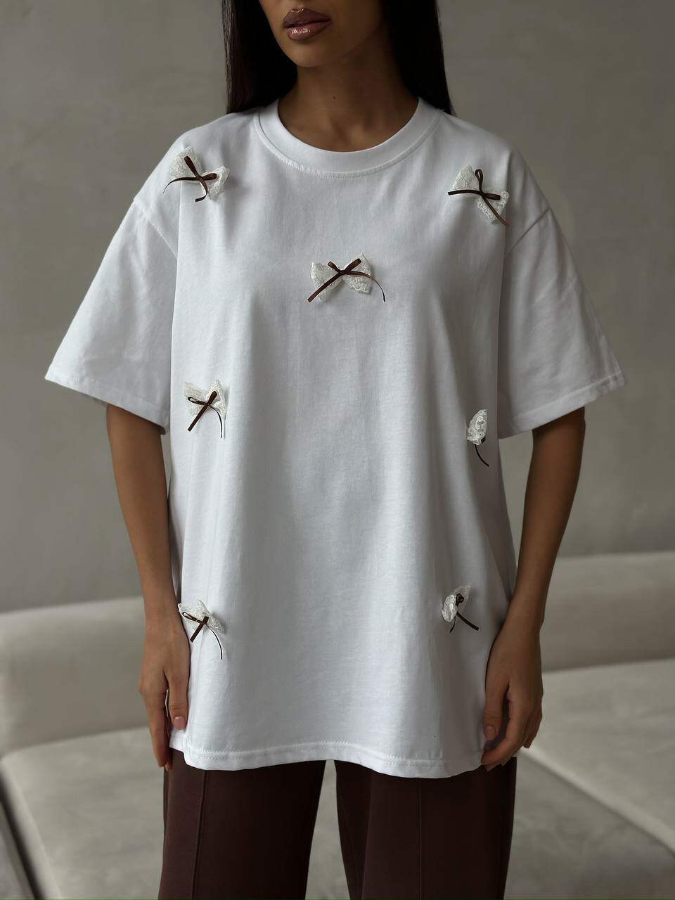 Womens Short Sleeve T Shirt Sweet Bow Design Loose Fit Round Neck Cotton Fabric Spring Summer Casual Wear