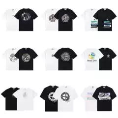 25 Cross-Border Export Stone Four-Way Island Letter Series Summer Rust Compass Front and Rear Printed Pattern Men's and Women's Short Sleeves