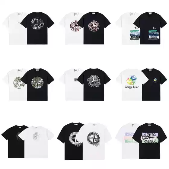 25 Cross-Border Export Stone Four-Way Island Letter Series Summer Rust Compass Front and Rear Printed Pattern Men's and Women's Short Sleeves