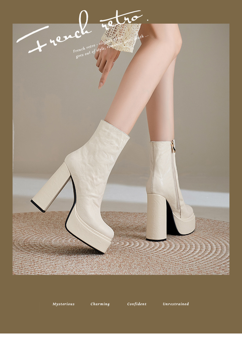Boot nữ cổ ngắn gót thô siêu cao 13.5cm da cừu mũi tròn có khóa kéo bên hông — Lớp lót đơn màu đen, Lót đơn màu trắng kem, Lót nhung đen, Lót nhung màu be