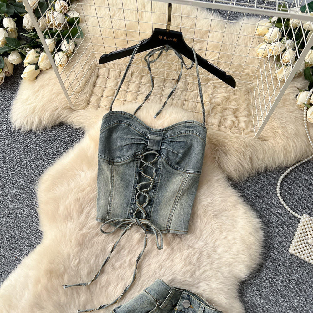 Vintage American Style Halter Crop Top and High Waisted Slimming Mermaid Skirt Set Denim Fabric Casual Summer Outfit
