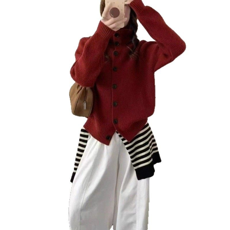 秋冬高领毛衣开衫外套女慵懒风宽松复古单排扣韩版针织衫外套上衣