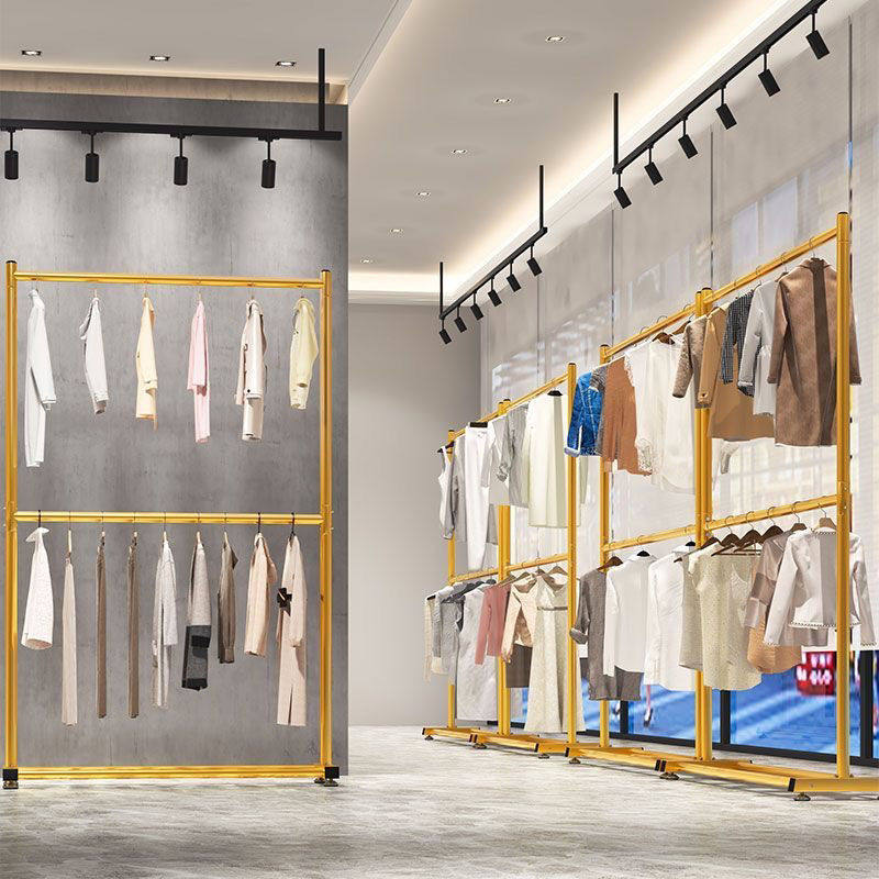 Nordic Minimalist Double-Layer Clothing Store Floor-Standing Clothes Rack with Thickened Double Rods, Foldable Clothes Hanging Rod, Floor-Standing Adjustable Clothes Drying Rack