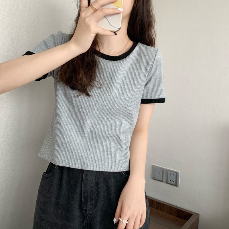 Slim Fit Short Sleeve T Shirt for Women Round Neck Color Block Design Casual Summer Wear