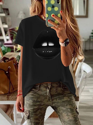 Plus Size Womens Black Short Sleeve T Shirt Lips Print Round Neck Fitted Style Casual Wear Wholesale Available