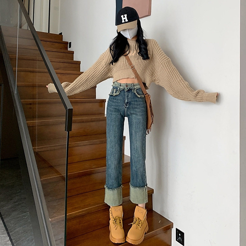 High Waisted Vintage Frayed Cigarette Jeans for Women Versatile Straight Leg Unique Design Spring Autumn Wholesale