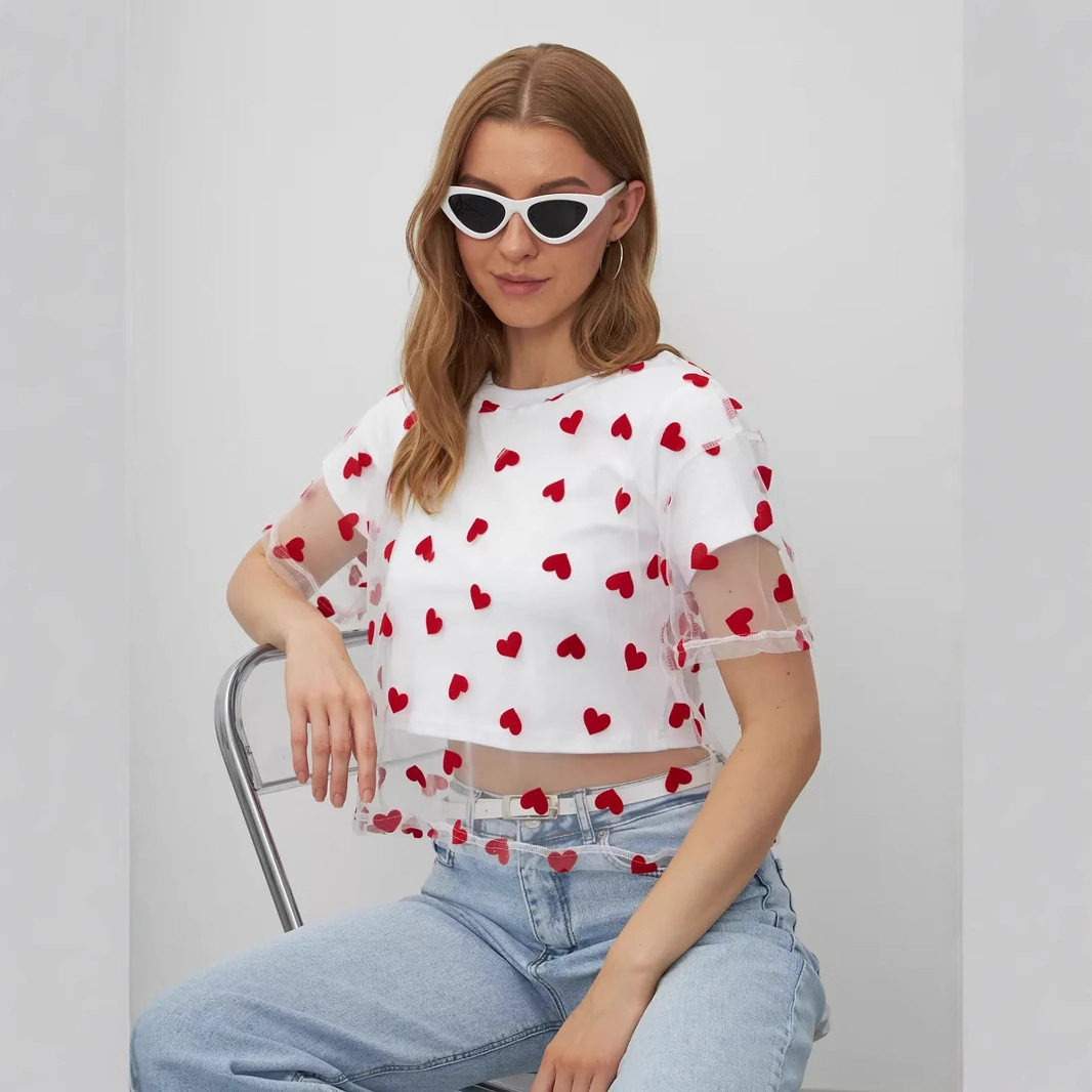 Color Block Heart Mesh Panel T Shirt for Women Short Sleeve Y2K Style Cotton Fabric Summer Casual Wear Wholesale