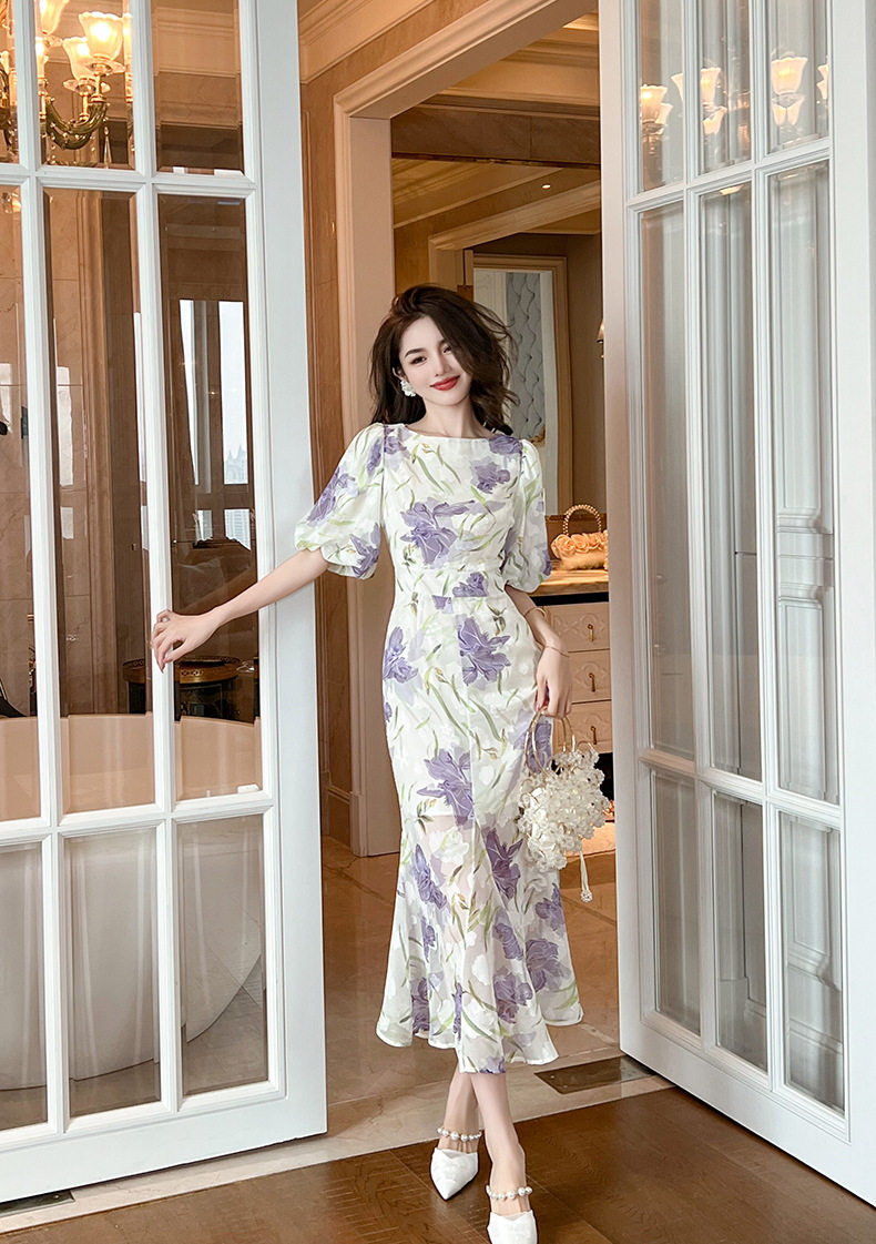 Đầm ôm body nữ cổ tròn tay bồng đuôi cá — [Tím] chi tiết 15