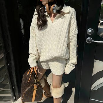 Korean Style Lapel Slim Polo Twist Knitwear Knitwear for Women Spring & Fall 2024 New High Waist Shorts Two-Piece Set Trendy