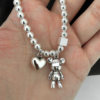 Korean Style S925 Silver-Plated Bear Bracelet for Women, Vintage Fashion Heavy-Duty Heart Bracelet, Round Bead Square Creative Jewelry Trend