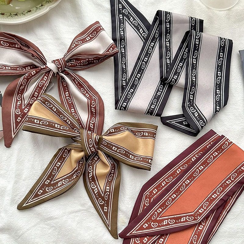 Narrow Long Small Silk Scarf 2025 Women's Spring and Summer Korean Style All-match Tie Hair Tie Bag Solid Color Cashew Flower Hair Belt Ribbon
