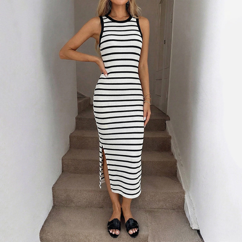 Sleeveless Knitted Bodycon Dress Striped Minimalist Design Side Slit Summer Casual Wear Wholesale Available