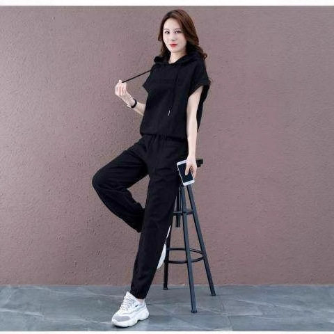 Plus Size Women's Clothing 2025 Fat Girl Summer New Loose Slimming Casual Sports Suit Fashionable Hooded Two-Piece Set