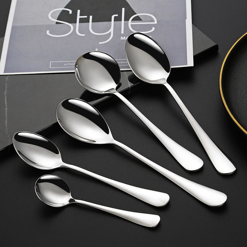 304 stainless steel spoon thickened household eating long handle round spoon student tableware spoon coffee dessert tip spoon
