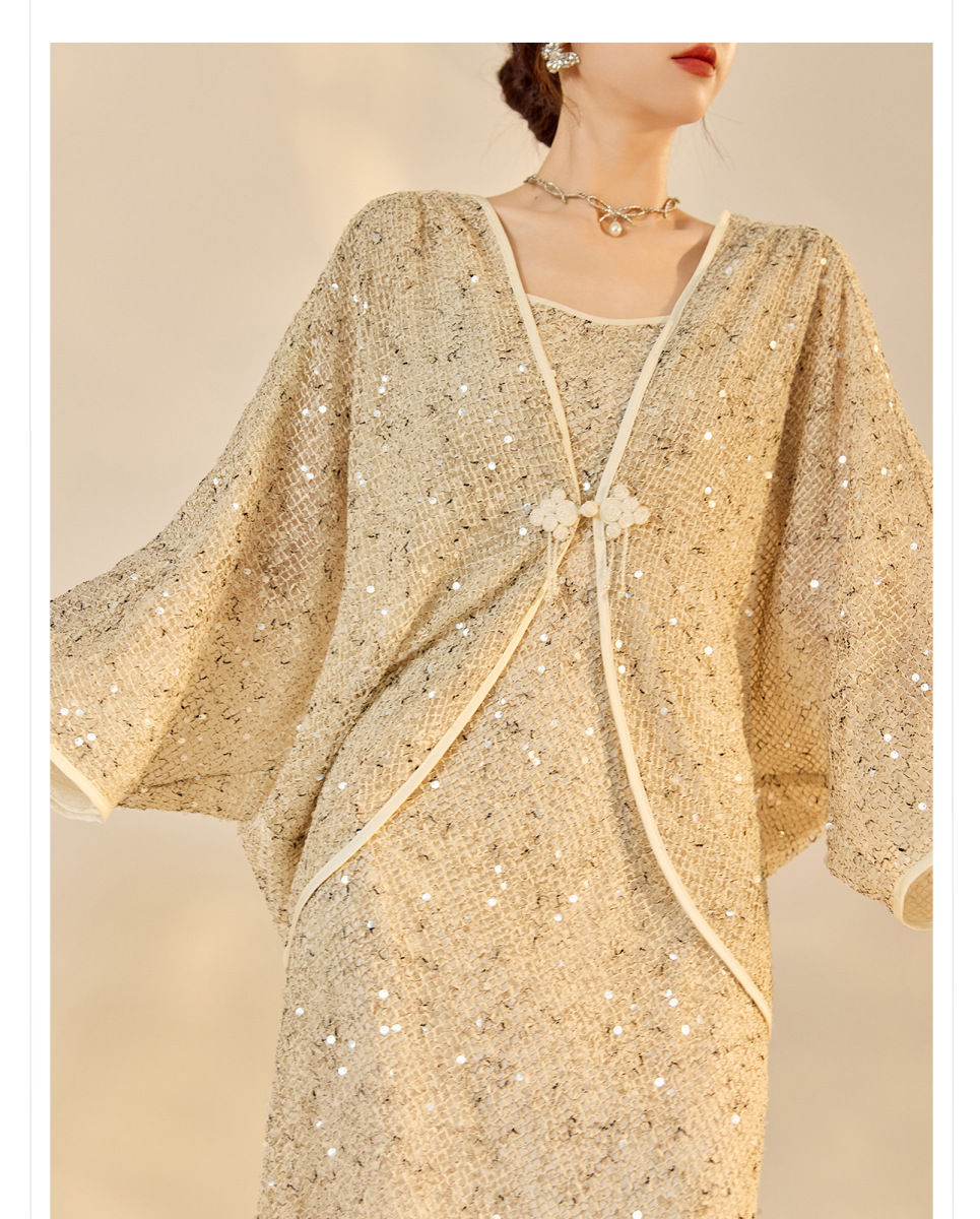Bộ đầm dài kèm áo khoác ngoài đính sequin thêu nổi bật — Áo khoác (giao hàng trong 7 ngày), Áo khoác (vận chuyển trong cùng ngày), Váy yếm (giao hàng trong 7 ngày), Váy yếm (giao hàng trong ngày)