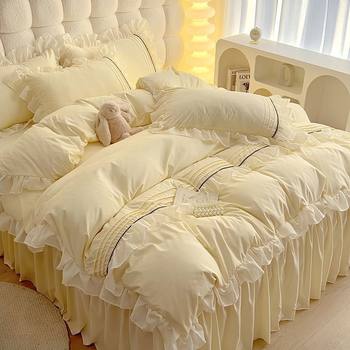 Non-Pilling Princess Style Pure Cotton Bed Bed Sheetss Four-Piece Set for Girls Lace Quilt Cover Bed Bed Sheets Three-Piece Set