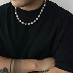 European and American Hip Hop Pearl Flower Necklace Men's High-end Sense Fashion Personality Clavicle Chain Hot Cross-border Men's Jewelry
