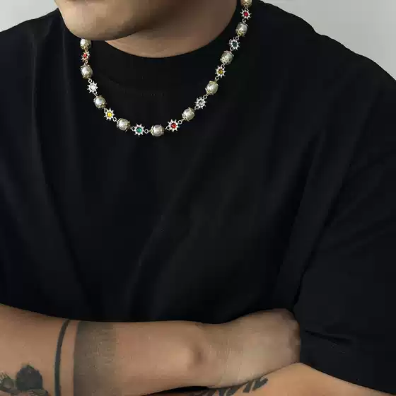 European and American Hip Hop Pearl Flower Necklace Men's High-end Sense Fashion Personality Clavicle Chain Hot Cross-border Men's Jewelry