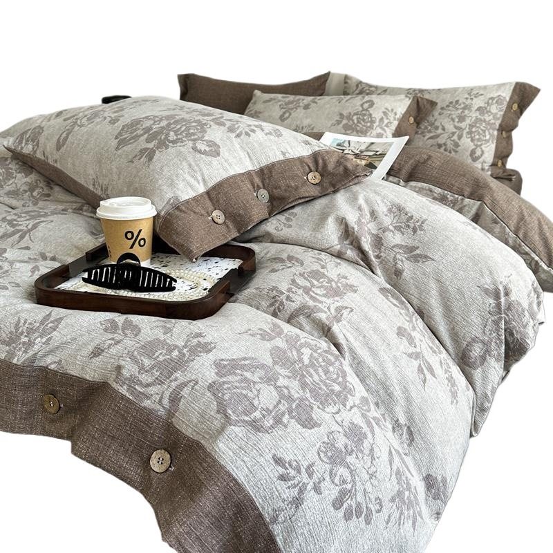 Class a Thickeneded Linen Four-Piece European Retro Double-Layer Yarn Button Raw Cotton Autumn and Winter Quilt Cover Student Three-Piece Set