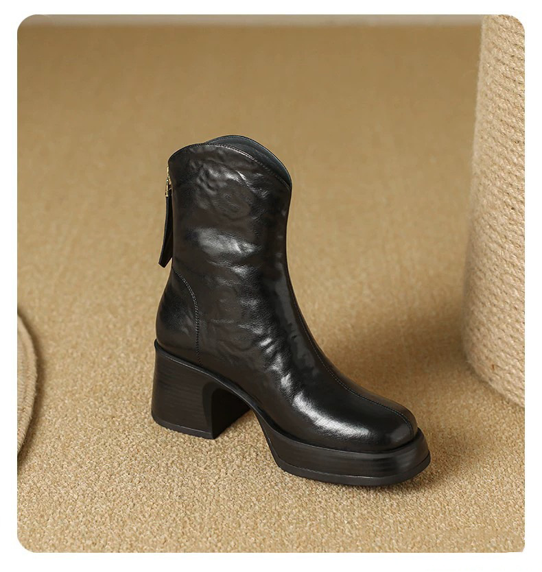 Boot nữ cổ thấp gót thô phong cách thời trang thanh lịch — Màu đen, Màu nâu