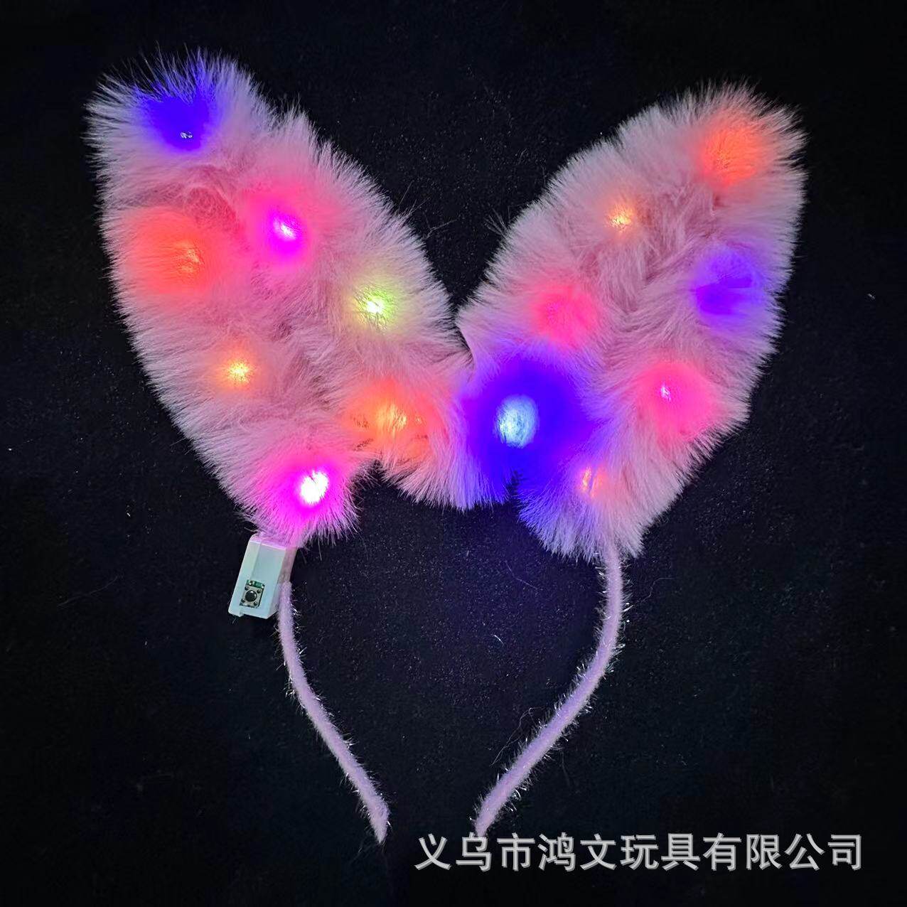 跨境热卖14灯毛毛兔耳朵发光发箍地推金丝羽毛猫耳朵发光头箍玩具