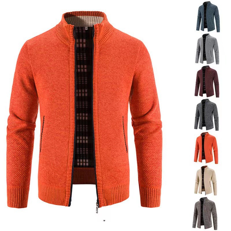 2024秋冬外贸男士加绒毛衣开衫大码男装立领保暖针织外套青年毛线