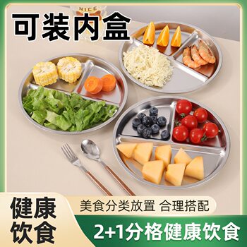 Stainless Steel Round Plate with Compartments, Three-Compartment Portion Control Plate for Adults, Fat-Reducing Meal Tray for Babies, Rice Plate, Tableware