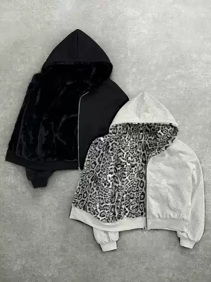 European and American New Autumn and Winter New Hooded Sweatshirt with Two-Sided Pattern Retro Leopard Print Zipper Hoodie Loose Personalized Top