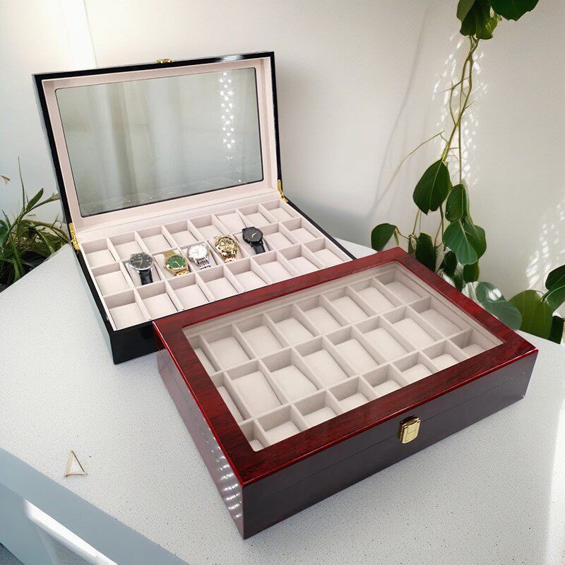 Guangdong Factory 24-Slot Red Lacquered Wooden Watch Box with Multiple Window Openings for Storage and Display, Gift Box, Watch Case, Export Special