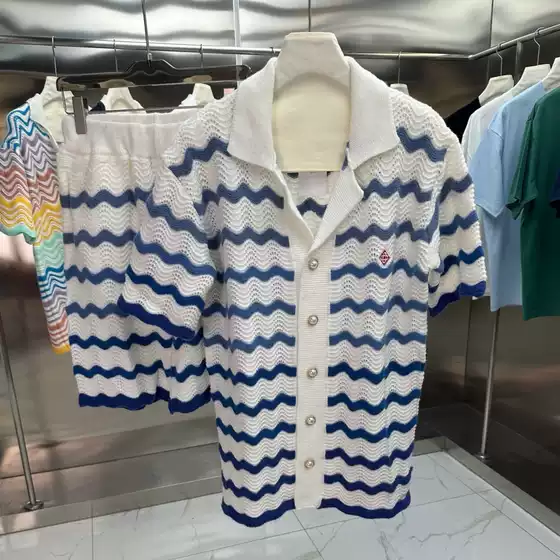 Fashion European CASA short-sleeved knitted suit wave stripe stitching pattern men's and women's in stock cross-border