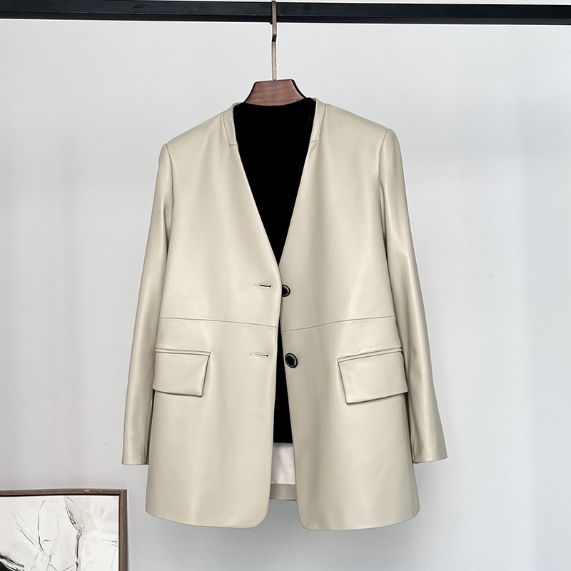 Áo khoác da cừu nữ dáng blazer không cổ — Màu đen không cổ, Phấn Xám không cổ