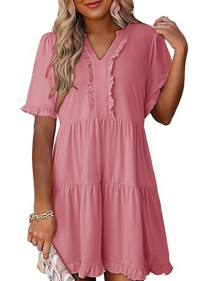 Loose Fit V Neck Short Sleeve Dress Solid Color Ruffle Hem Spring Summer Style Wholesale Available