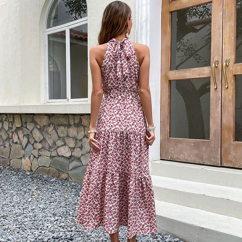 Floral Midi Dress Slim Fit Halter Neck Romantic Style Perfect for Vacation or Casual Outings Wholesale Available