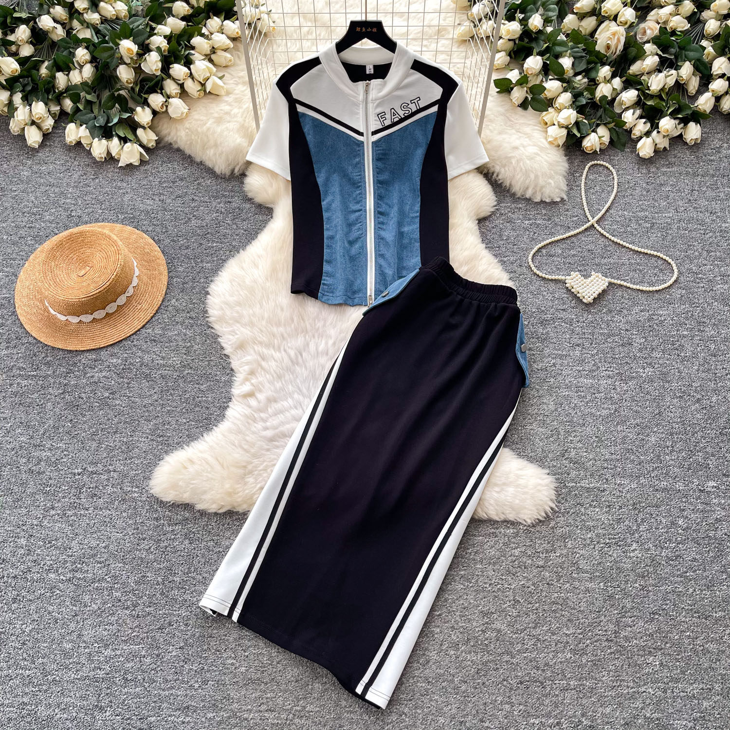 Fashion Color Block Striped Short Sleeve Two Piece Set Slim Fit High Waist Casual Style Summer Office Wear
