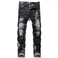European and American 2025 Spring Punk Men's Jeans Black Ripped Patch Embroidered Slim Mid-Waist Men's Pants D4067