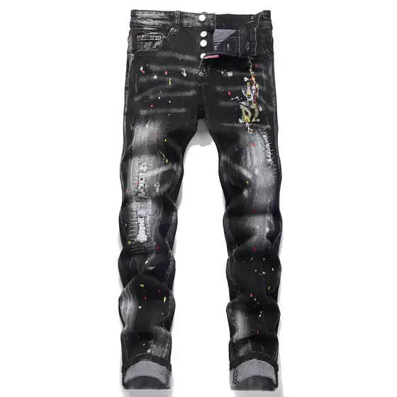 European and American 2025 Spring Punk Men's Jeans Black Ripped Patch Embroidered Slim Mid-Waist Men's Pants D4067