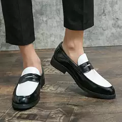 Summer New Men's Low-Top Trendy Office Leather Shoes 46 Large Size Black and White Color Matching Leather Shoes Slip-On Loafers