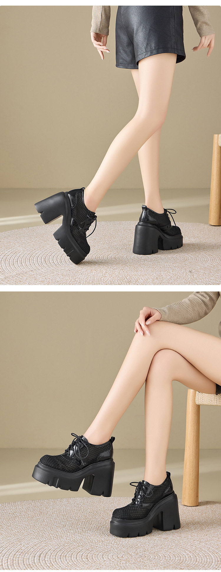 Giày cao gót nữ đế xuồng platform dây buộc hở mũi, gót 12 cm, phong cách thể thao — [Đen], [Trắng] chi tiết 6