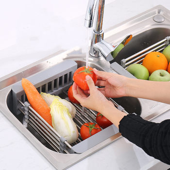Stainless Steel Drain Basket Kitchen Sink 304 Thickened Drain Rack Dishes Storage Rack Telescopic Drain Rack